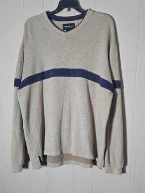 Eddie Bauer Men's V-Neck Cream Sweater with Navy Stripe 100% Cotton
